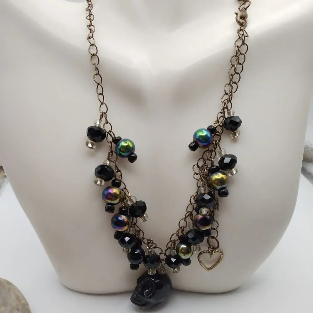 Gothic skeleton black beaded necklace‎ N3338